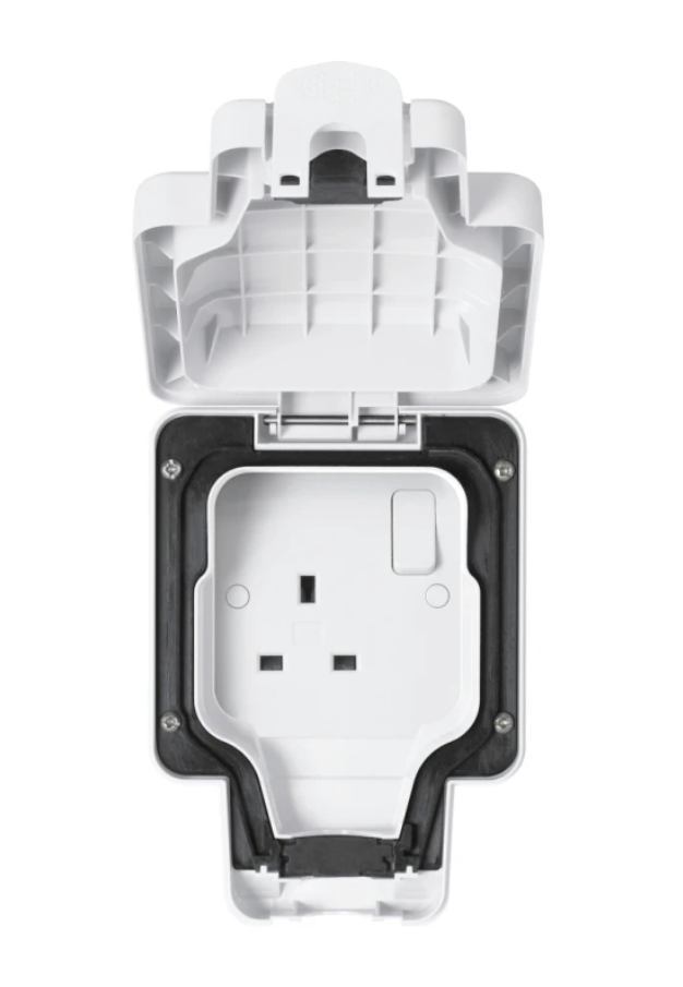 MK 13A Single Gang Weatherproof Switch Socket K56486WHI, White Finish Outdoor IP65 Rated Single Gang Switch Socket, Engineered for Moisture and Dust Resistance in Residential and Commercial Settings